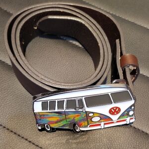 Brown Leather Belt with Colorful VW Buckle